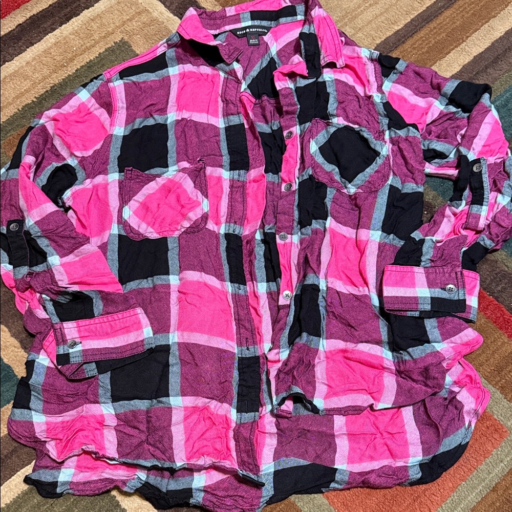Rock and Republic Pink and Black Plaid  Button Down Shirt